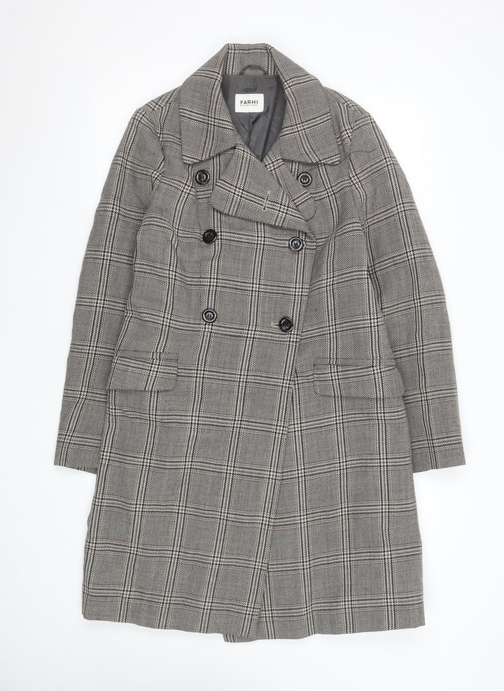 Farhi by Nicole Farhi Women's Grey Wool Checked Long Trench Coat Size 12