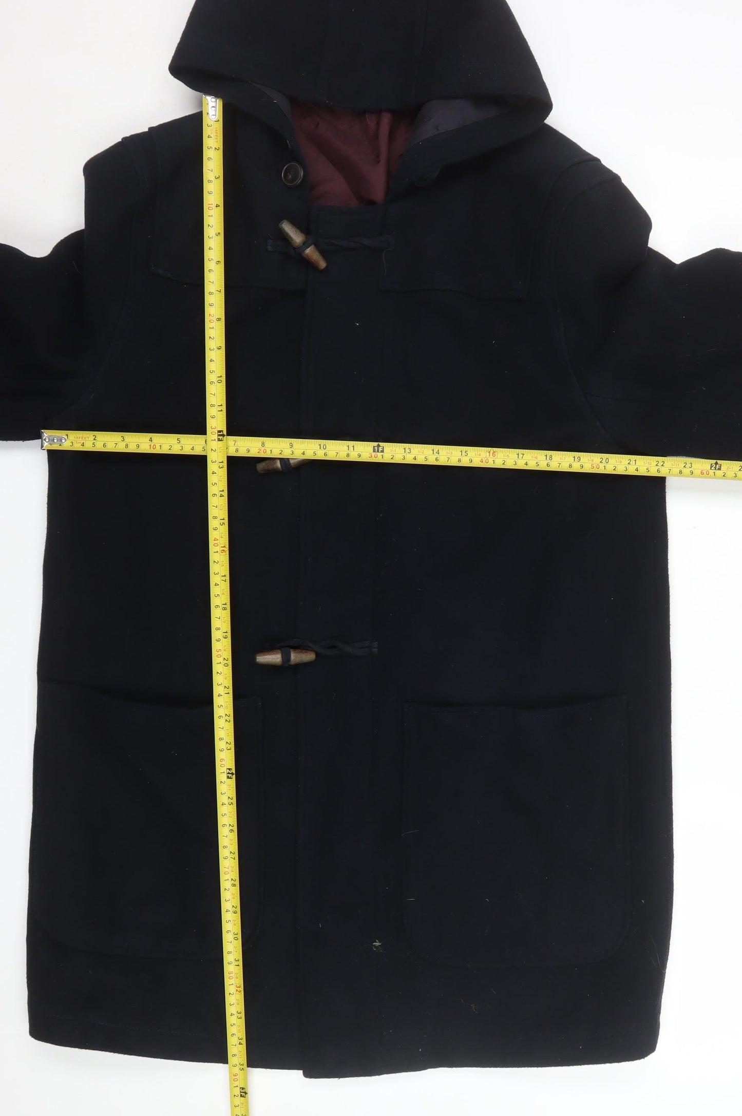 Red Herring Women's Black Wool Blend Duffle Coat L Hooded Toggle