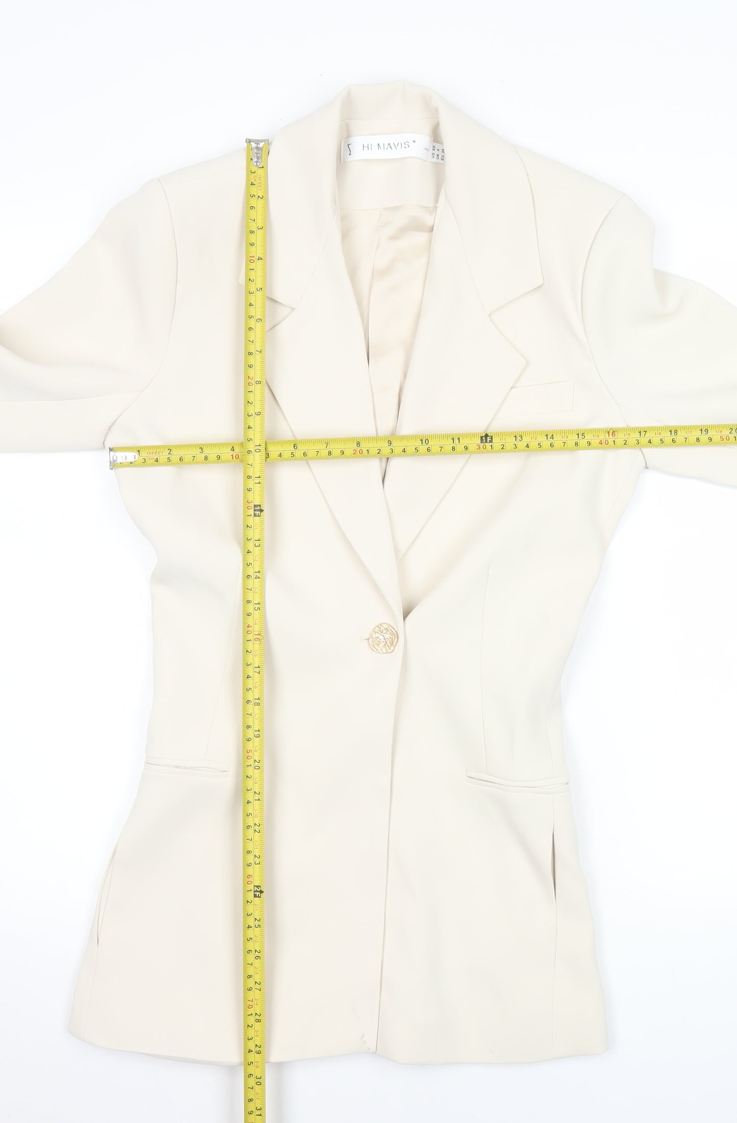 Hi Mavis Women's Ivory Single-Breasted Blazer UK 4 Long Tailored Jacket