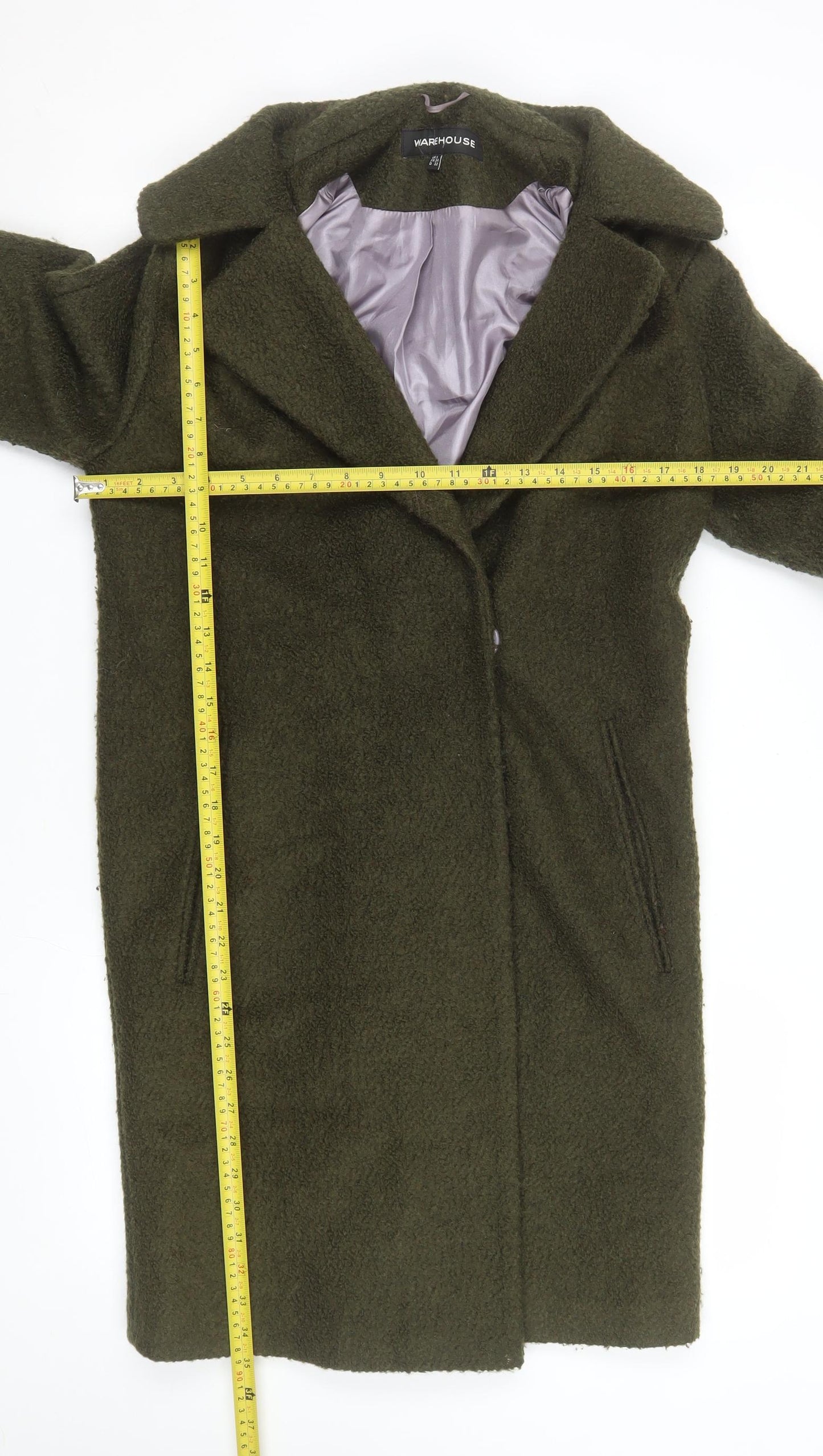 Warehouse Women’s Green Wool Blend Long Overcoat Size 6