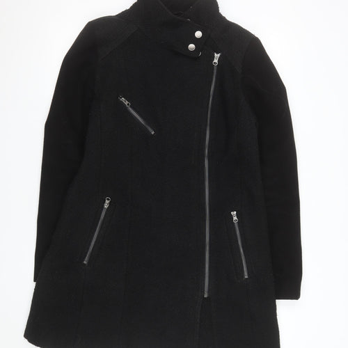 Next Women’s Black Long Biker Coat Size 14 Zip Detail