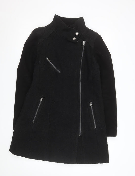 Next Women’s Black Long Biker Coat Size 14 Zip Detail
