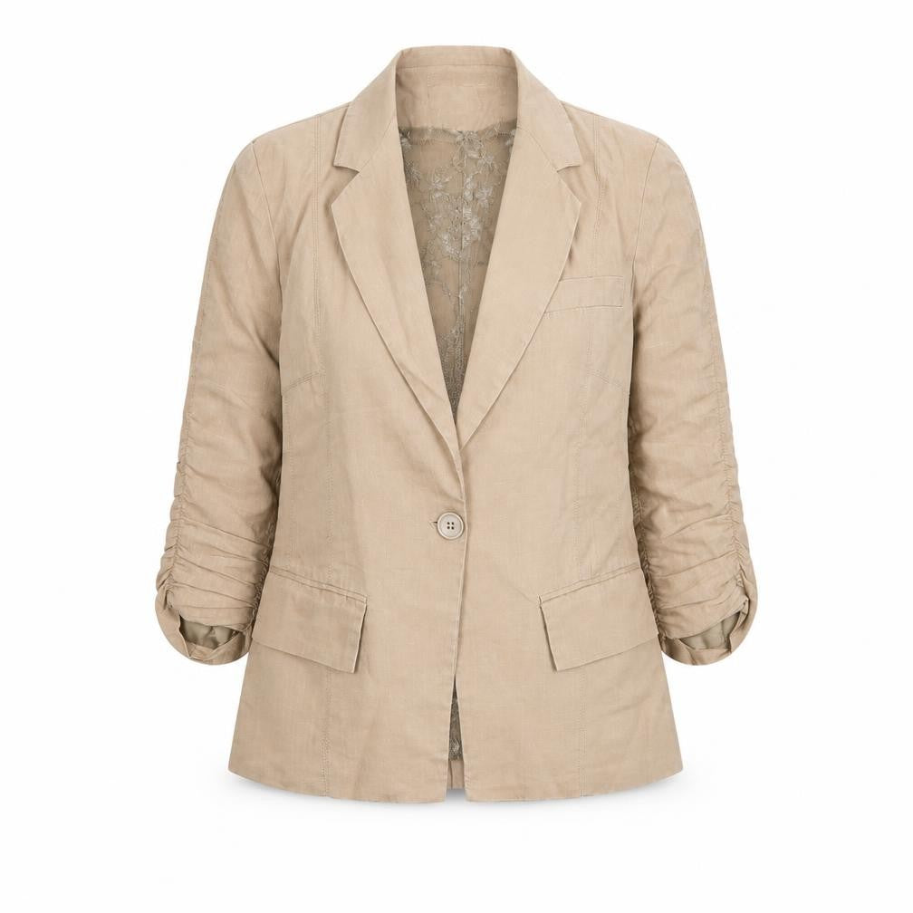 Front view of Koton Women's Beige Ramie Single-Breasted Blazer, size 8