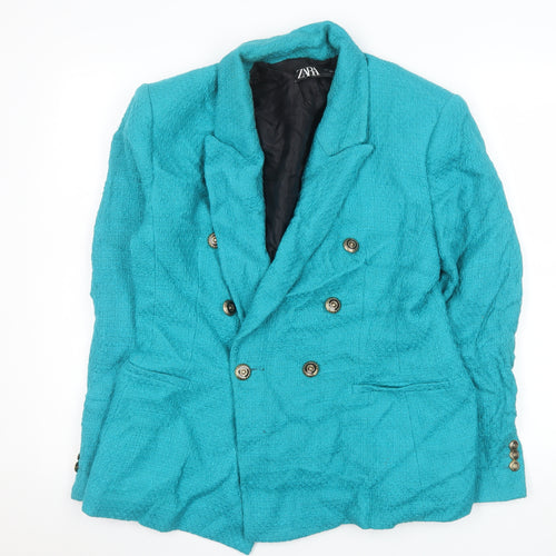Zara Women Blue Double-Breasted Cotton Blazer Jacket Size L