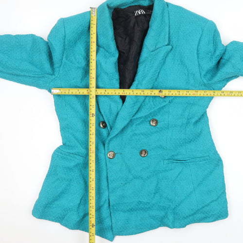 Zara Women Blue Double-Breasted Cotton Blazer Jacket Size L