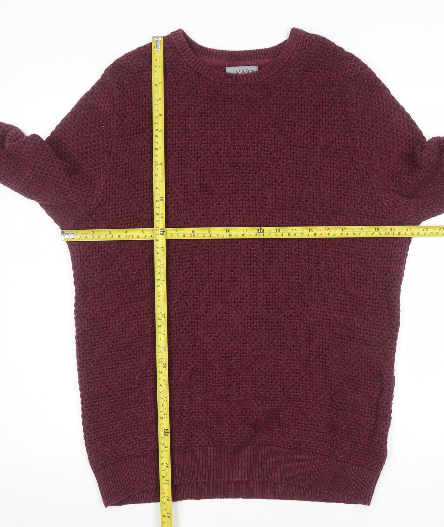 Marks and Spencer Men's Red Cotton Waffle Knit Jumper Medium