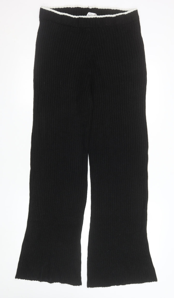 Boohoo Women Black Ribbed Wide-Leg Trousers UK 20/22 Acrylic Knit