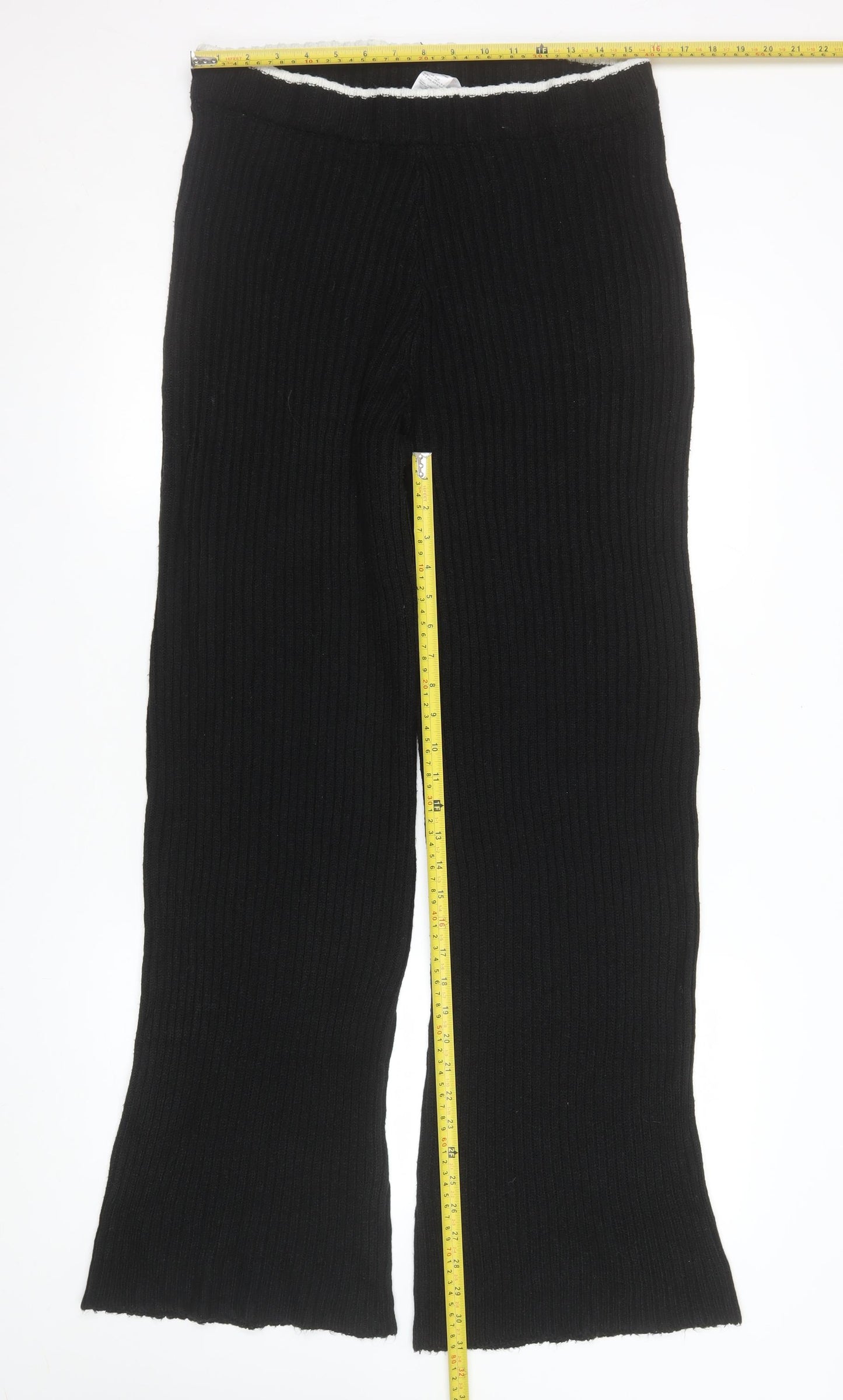 Boohoo Women Black Ribbed Wide-Leg Trousers UK 20/22 Acrylic Knit