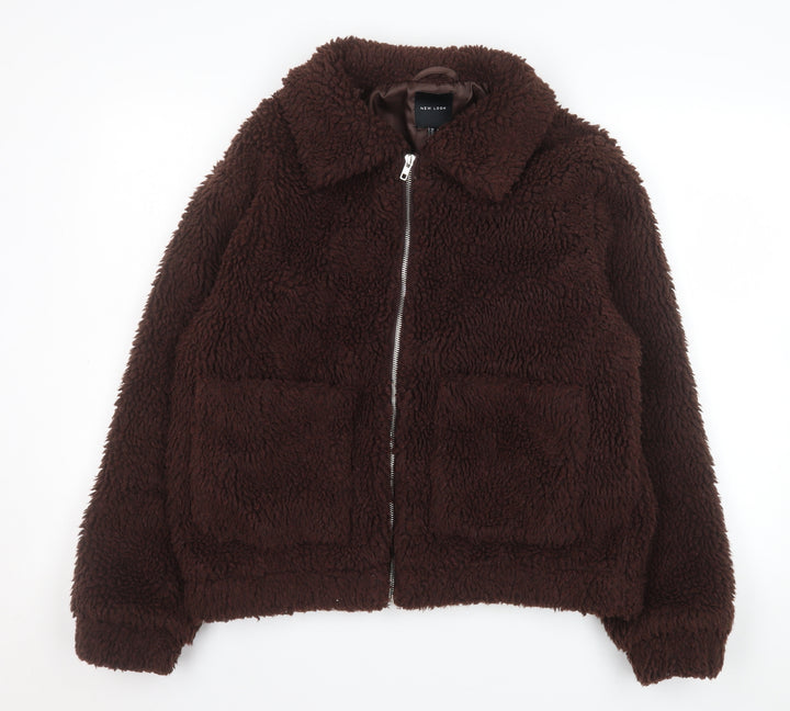 New Look Women’s Brown Teddy Fleece Zip Jacket Size S Winter Casual