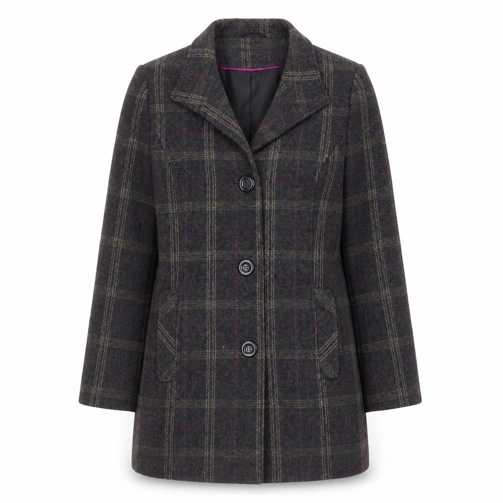 Front view of BHS women’s grey check wool blend mid-length coat, size UK 16