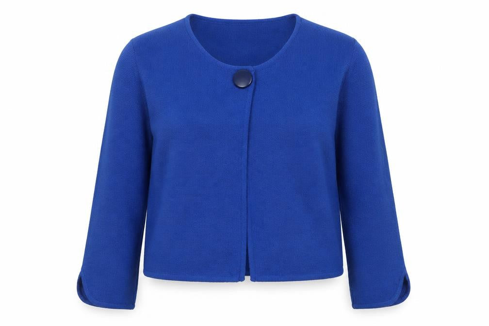 Front view of Monsoon Women Blue, size 16, Wool Blend Round Neck Cardigan