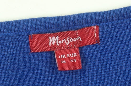 Monsoon Women Blue Size 16 Wool Blend Round Neck Cardigan