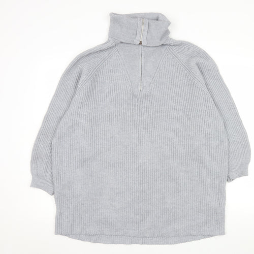 Pull & Bear Men Grey L 1/2 Zip Chunky Knit High Neck Jumper