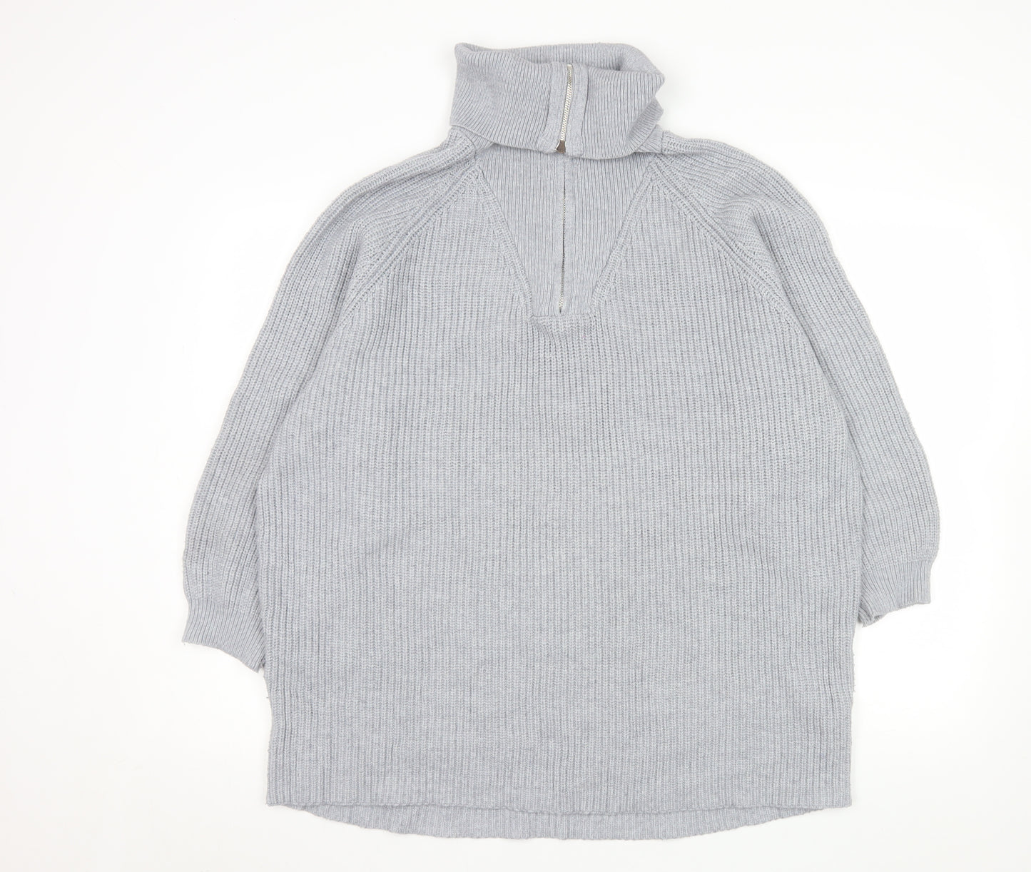Pull & Bear Men Grey L 1/2 Zip Chunky Knit High Neck Jumper
