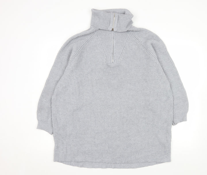 Pull & Bear Men Grey L 1/2 Zip Chunky Knit High Neck Jumper