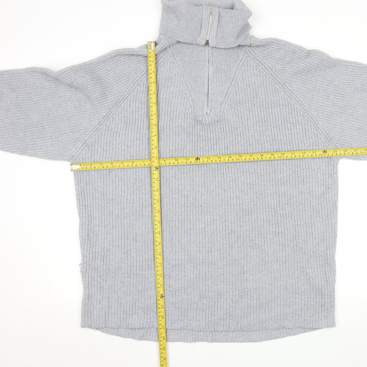 Pull & Bear Men Grey L 1/2 Zip Chunky Knit High Neck Jumper