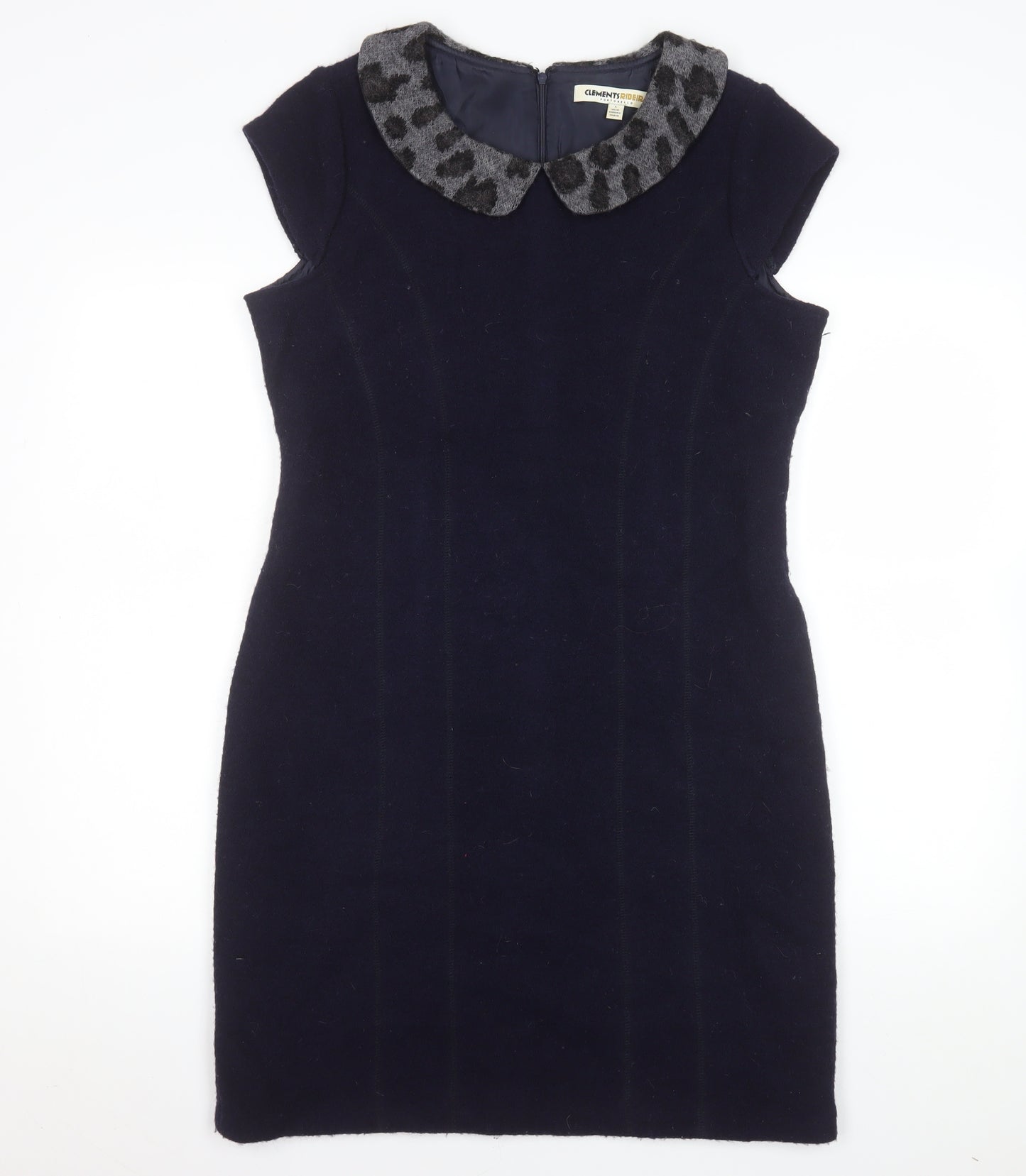 Clements Ribeiro Women’s Navy Wool Sheath Dress Size 14 Lined Collared