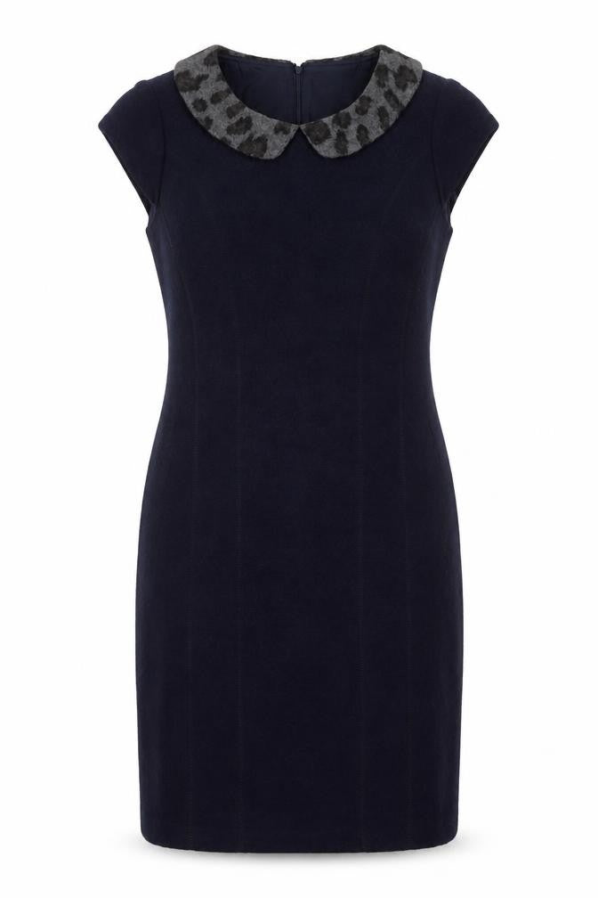 Front view of Clements Ribeiro Women’s Navy Wool Sheath Dress, size UK 14, Lined Collared