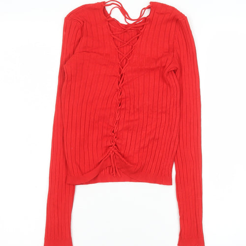 Bershka Women Red Cropped Knit Lace Up Long Sleeve Top Size S