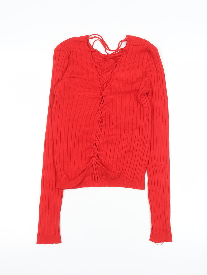 Bershka Women Red Cropped Knit Lace Up Long Sleeve Top Size S