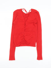 Bershka Women Red Cropped Knit Lace Up Long Sleeve Top Size S