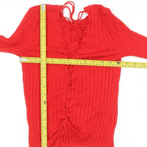 Bershka Women Red Cropped Knit Lace Up Long Sleeve Top Size S