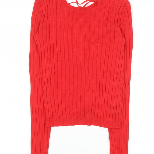 Bershka Women Red Cropped Knit Lace Up Long Sleeve Top Size S