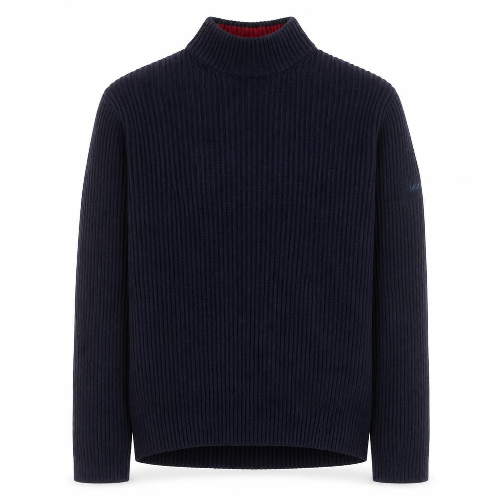 Front view of Nautica Men's Blue Cotton Mock Neck Chunky Knit jumper, size M