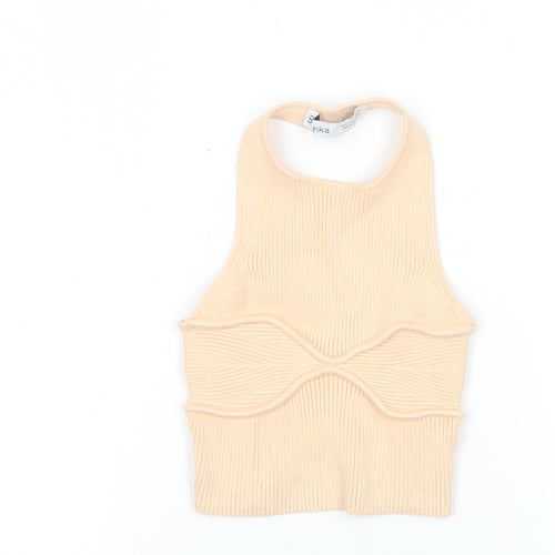 Bershka Women’s Beige Ribbed Halter Cropped Tank Top XS