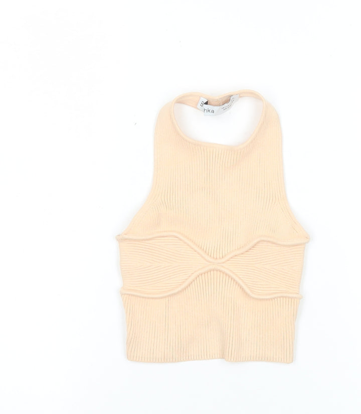 Bershka Women’s Beige Ribbed Halter Cropped Tank Top XS