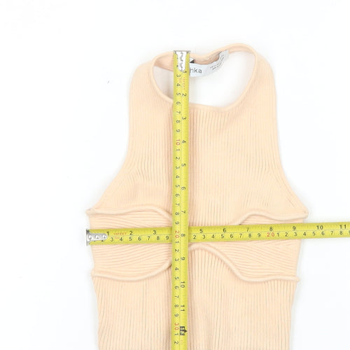 Bershka Women’s Beige Ribbed Halter Cropped Tank Top XS