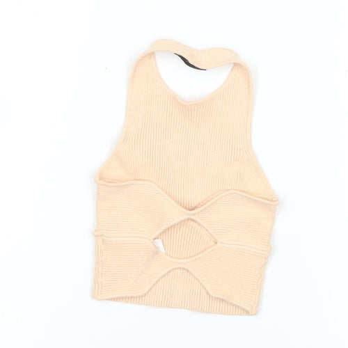 Bershka Women’s Beige Ribbed Halter Cropped Tank Top XS