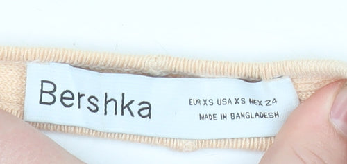 Bershka Women’s Beige Ribbed Halter Cropped Tank Top XS