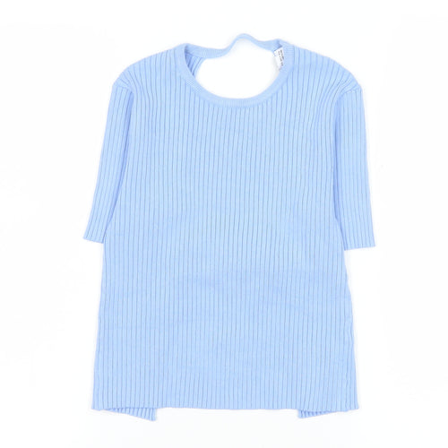 Zara Women Blue Ribbed Knit Short Sleeve Slim Fit T-Shirt Size S