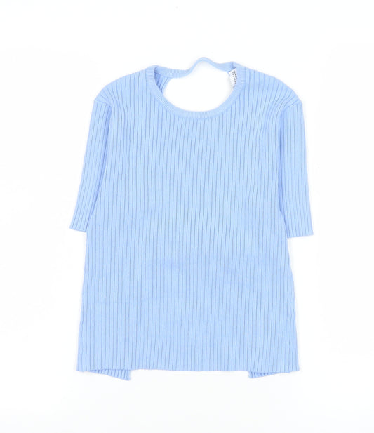 Zara Women Blue Ribbed Knit Short Sleeve Slim Fit T-Shirt Size S
