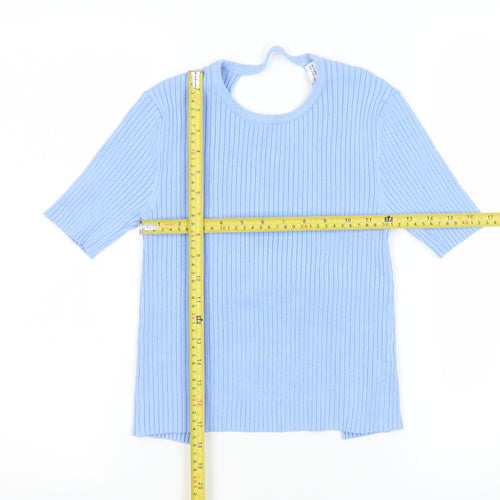 Zara Women Blue Ribbed Knit Short Sleeve Slim Fit T-Shirt Size S