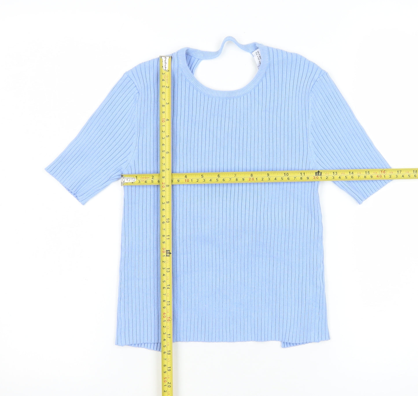 Zara Women Blue Ribbed Knit Short Sleeve Slim Fit T-Shirt Size S