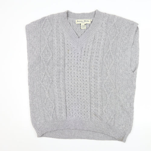 Aran Mór Mens Grey Cable-Knit Merino Wool Sleeveless Vest Jumper XL