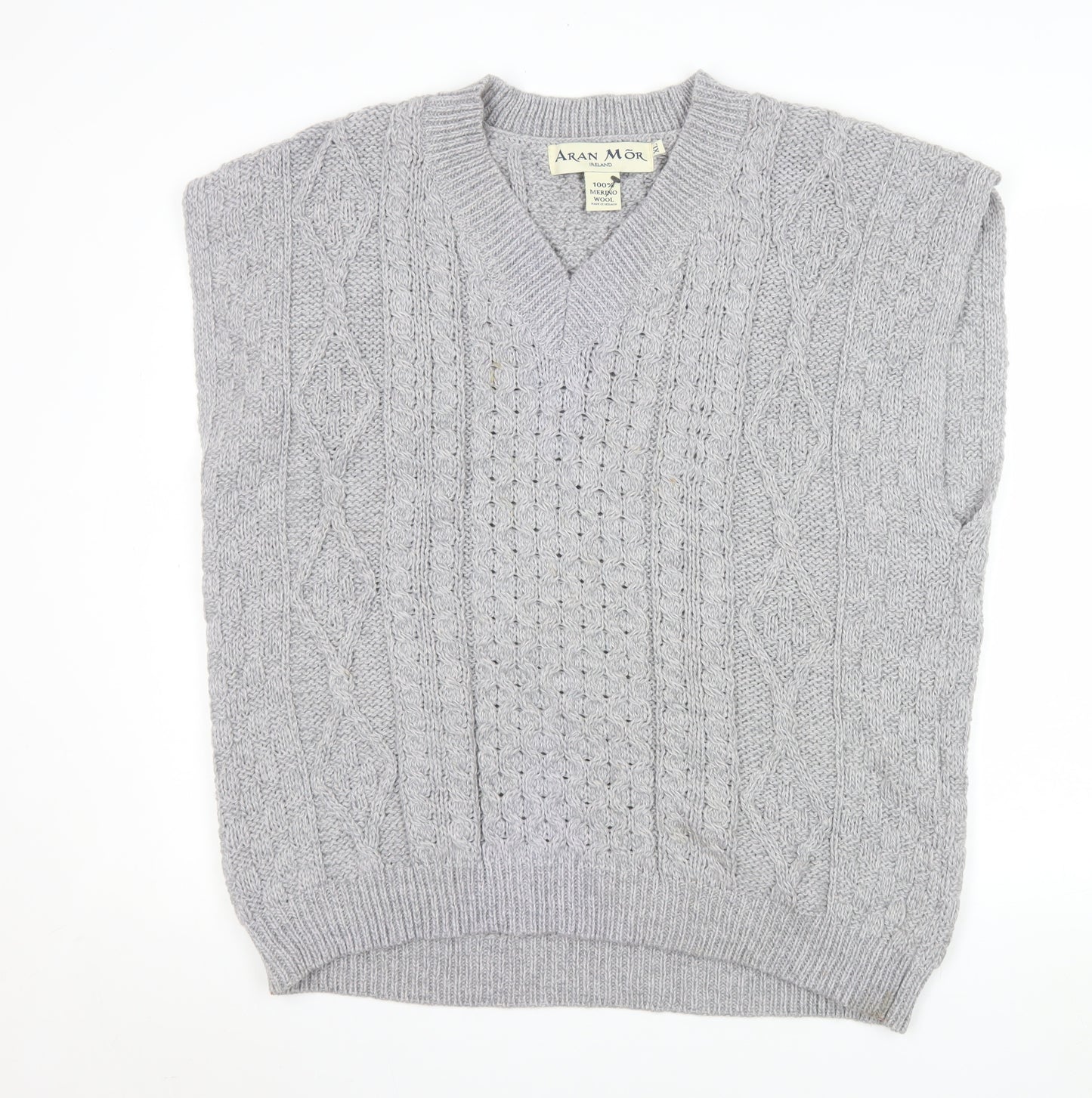 Aran Mór Mens Grey Cable-Knit Merino Wool Sleeveless Vest Jumper XL