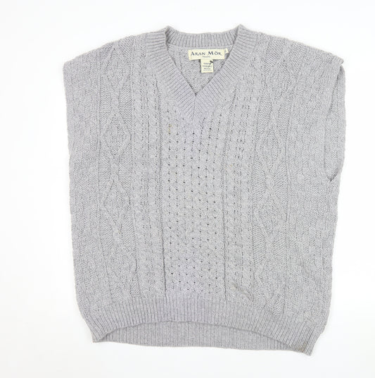 Aran Mór Mens Grey Cable-Knit Merino Wool Sleeveless Vest Jumper XL