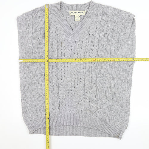 Aran Mór Mens Grey Cable-Knit Merino Wool Sleeveless Vest Jumper XL