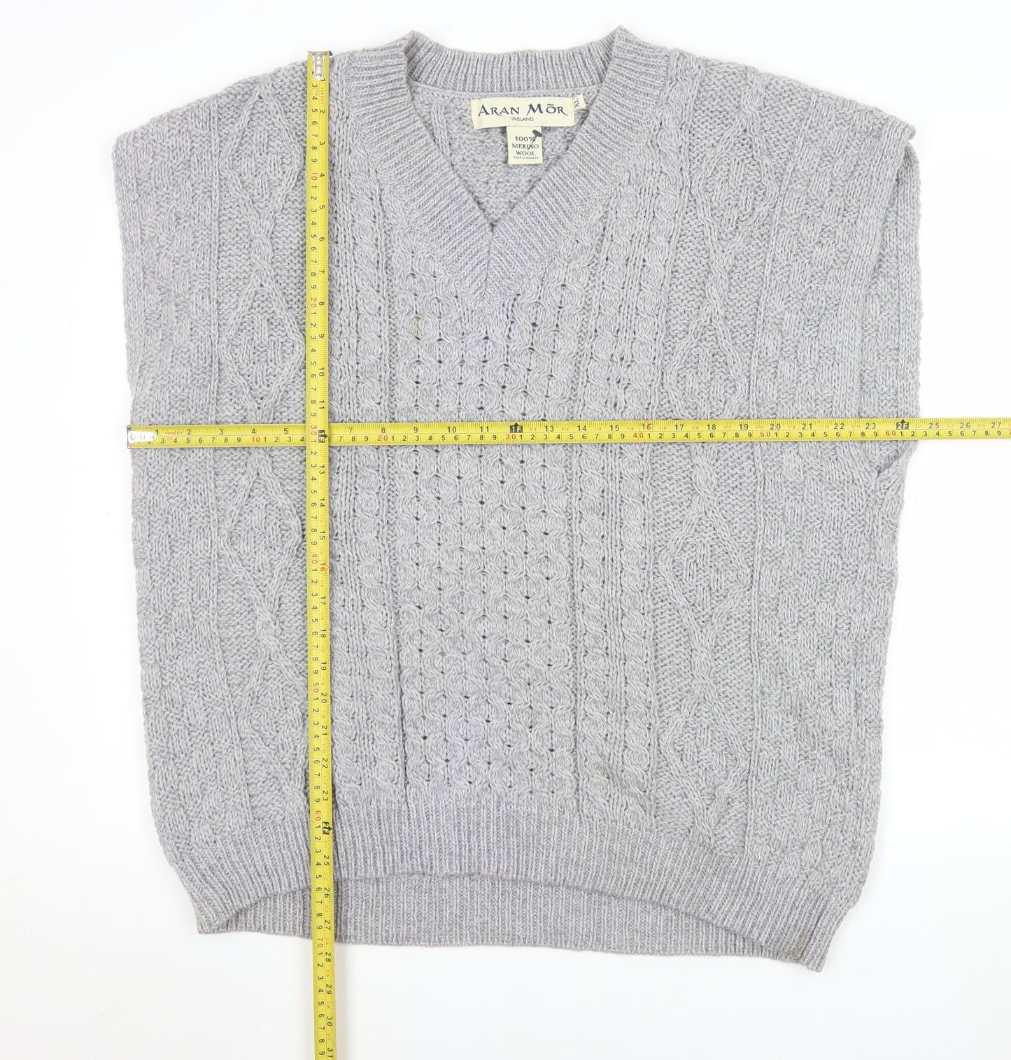Aran Mór Mens Grey Cable-Knit Merino Wool Sleeveless Vest Jumper XL