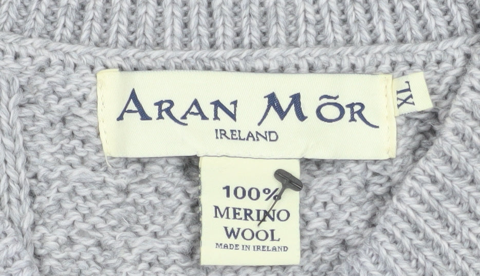 Aran Mór Mens Grey Cable-Knit Merino Wool Sleeveless Vest Jumper XL