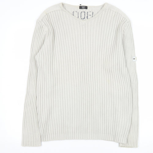 Next Men's Beige Cotton Ribbed V-Neck Jumper Size M