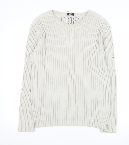Next Men's Beige Cotton Ribbed V-Neck Jumper Size M