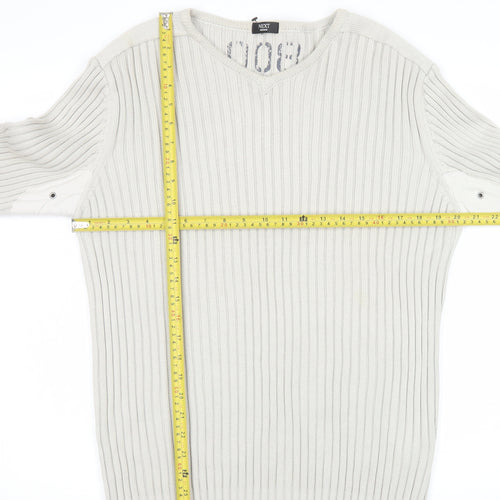 Next Men's Beige Cotton Ribbed V-Neck Jumper Size M