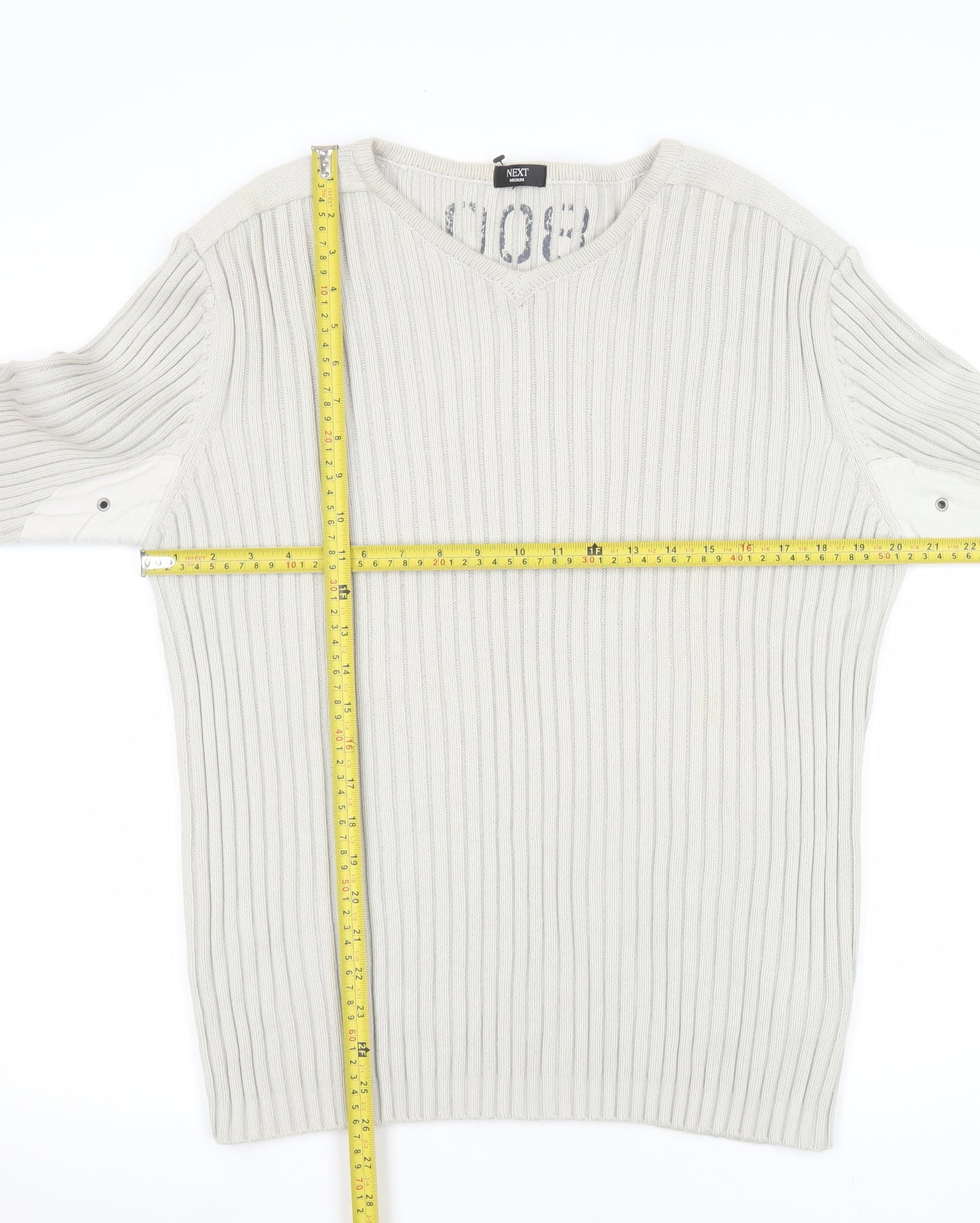 Next Men's Beige Cotton Ribbed V-Neck Jumper Size M