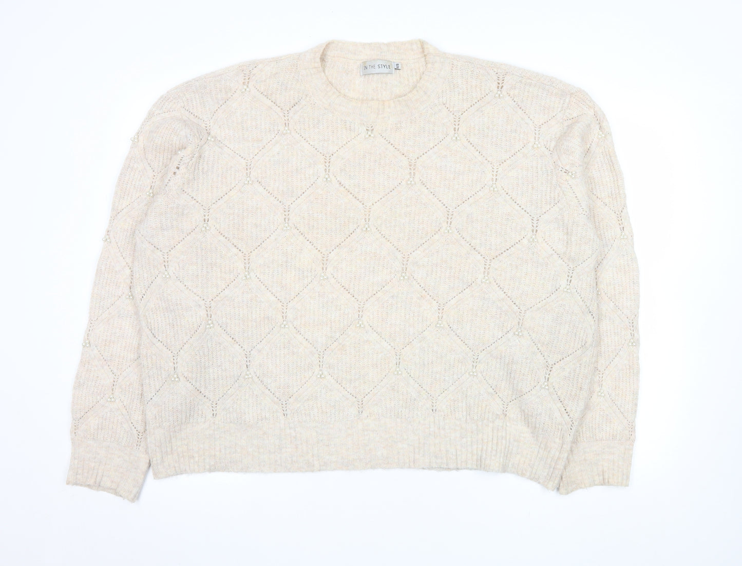 In The Style Women's Beige Beaded Knit Pullover Jumper Size 14