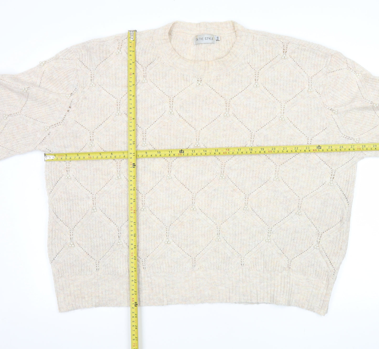 In The Style Women's Beige Beaded Knit Pullover Jumper Size 14