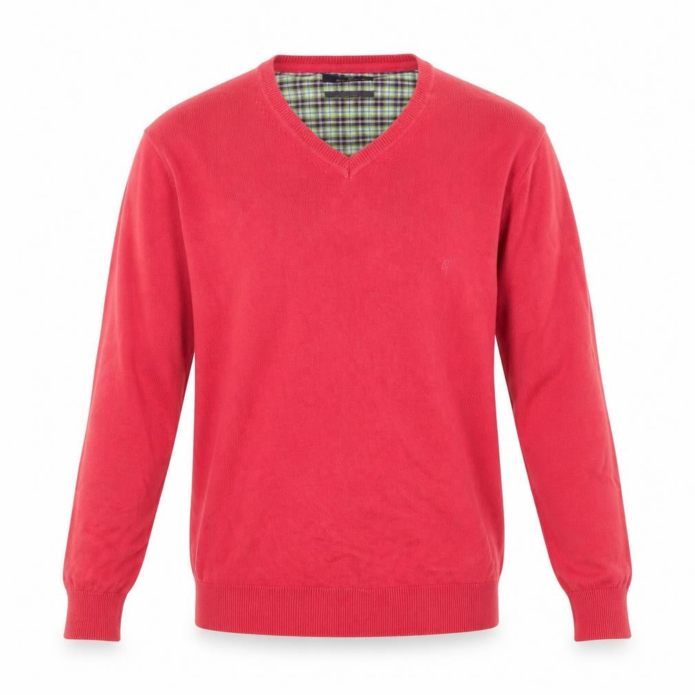 Front view of Ben Green Men's Red Cotton V-Neck Jumper, size M